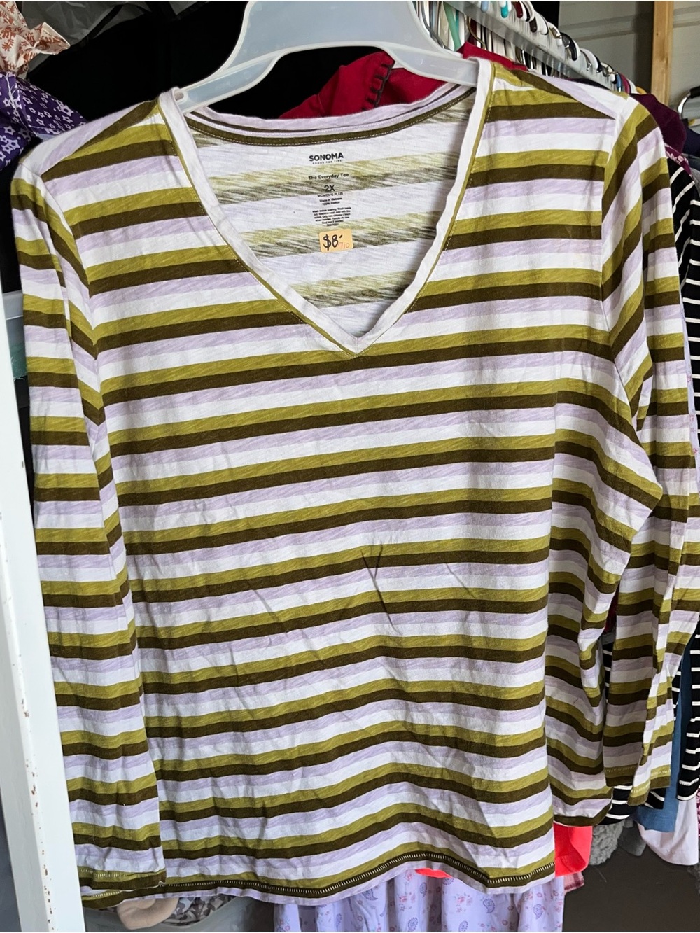 Sonoma Olive & White Striped V-Neck Long Sleeve Top Women’s Plus sz. 2X